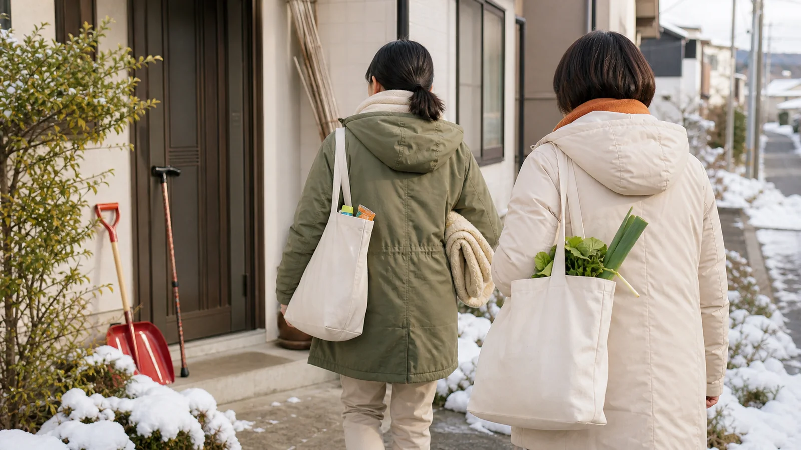 活動イメージ：冬の住宅街で支援品を持って訪問する背後からの様子