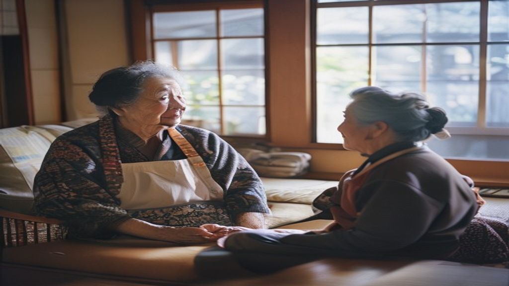 和室で高齢の女性と支え手が向かい合い、笑顔で語らう温かなひととき